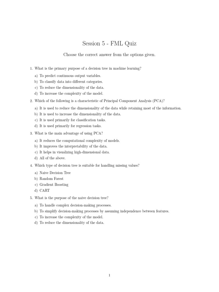 FML Quiz: Decision Trees & PCA Concepts | PDF | Principal Component ...
