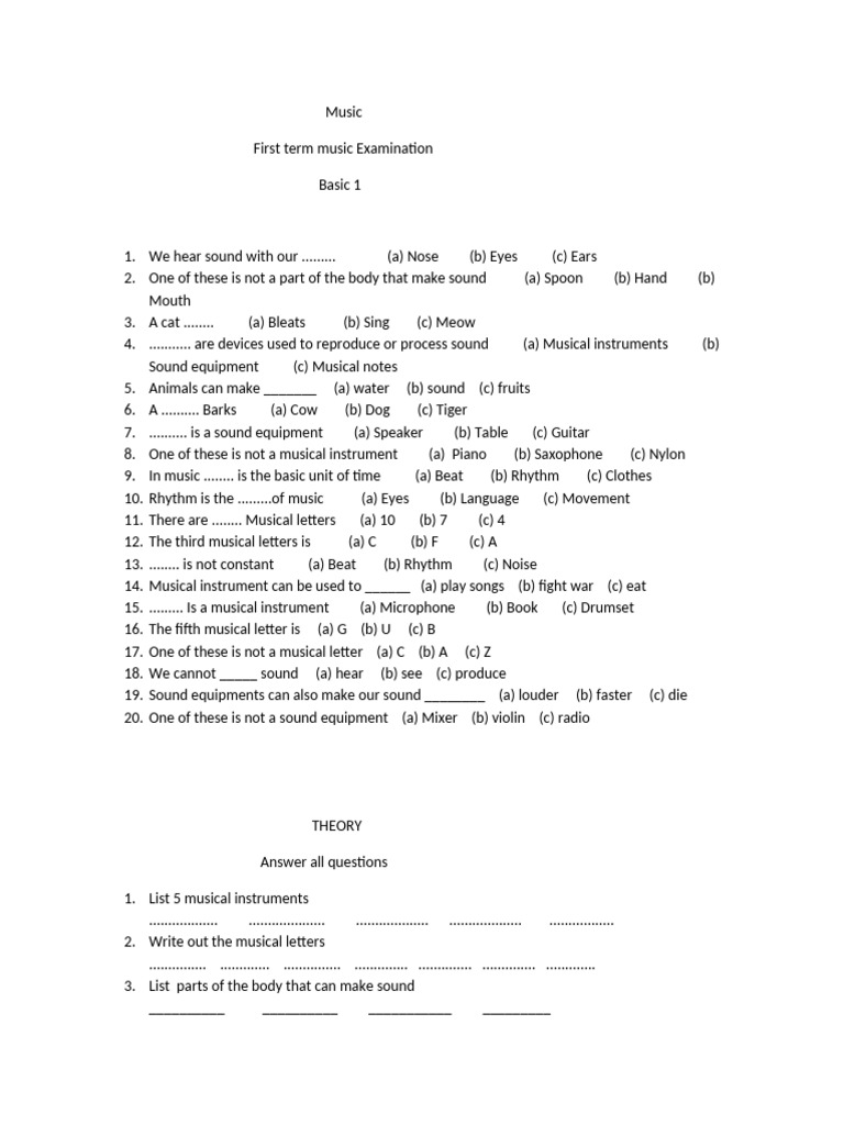 First Term Music Exam for Basics 1-4 | PDF | Clef | Human Voice