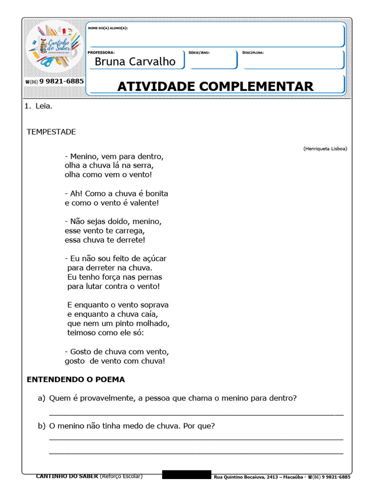 Produção de Poema para 5º Ano | PDF