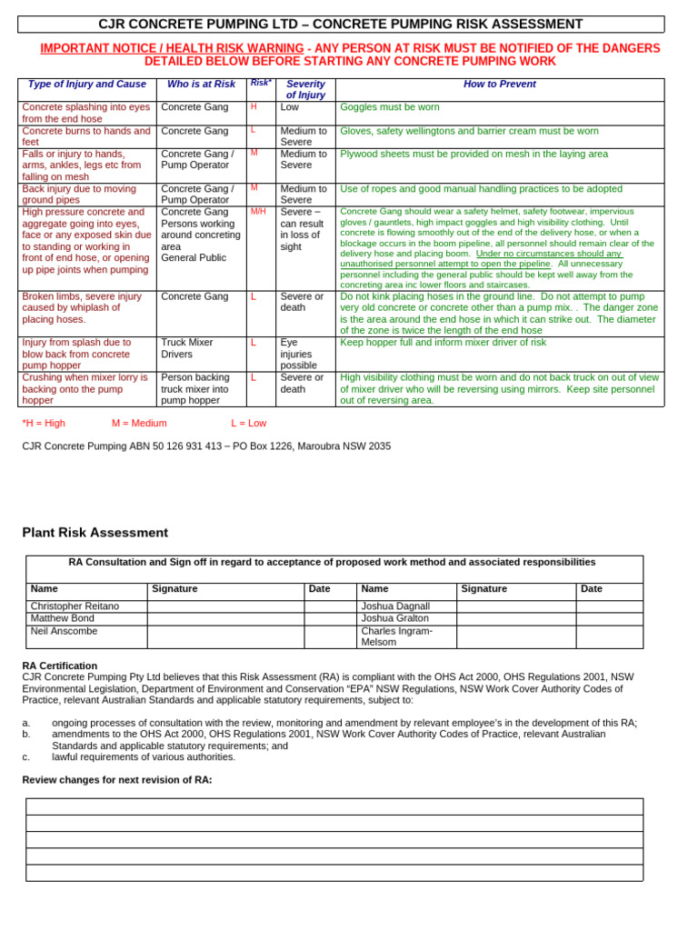 CJR Concrete Pumping Risk Assessment | PDF | Concrete | Truck