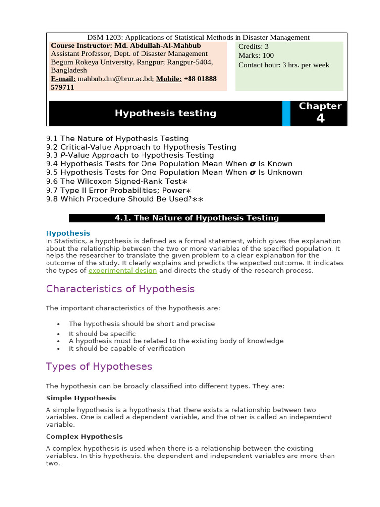Hypothesis Testing in Disaster Management | PDF | Hypothesis | Null ...
