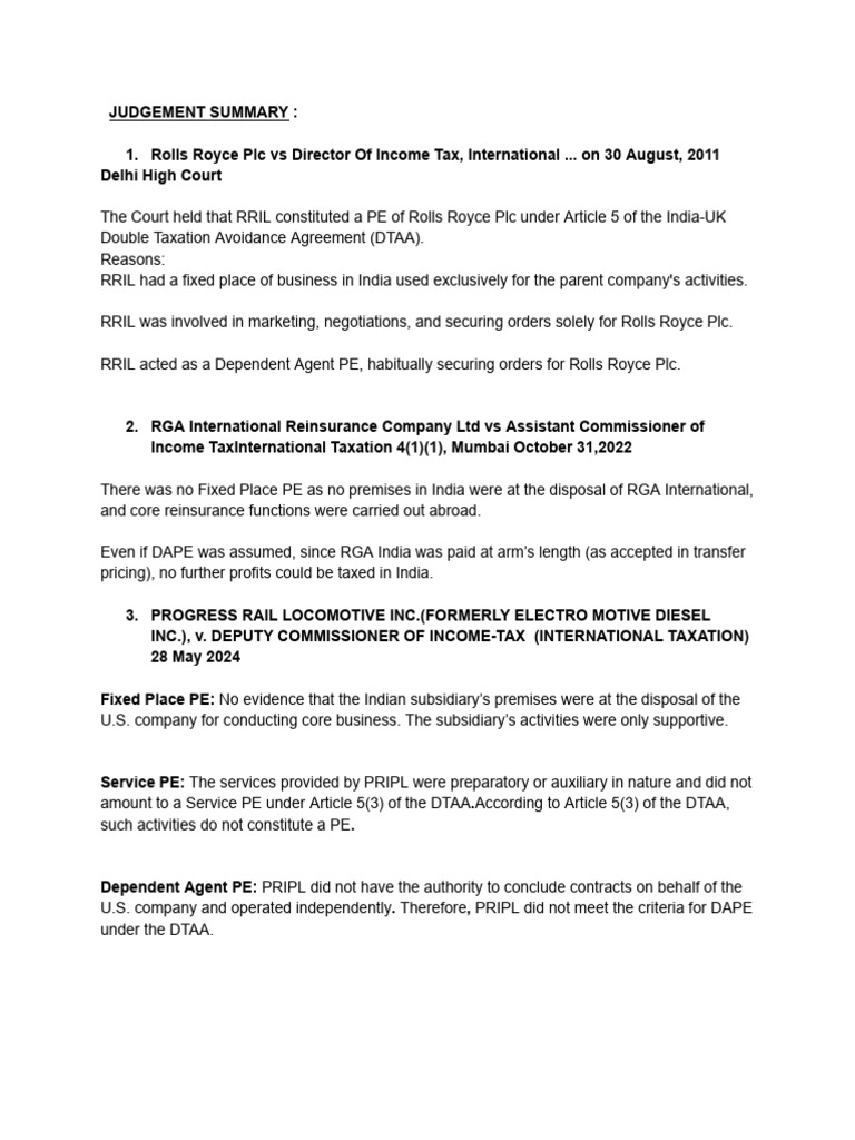 International Taxation and PE Cases Summary | PDF