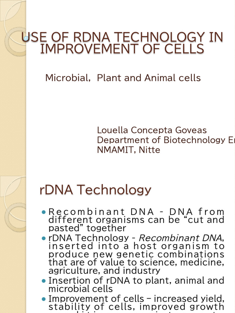 rDNA Technology for Cell Improvement | PDF | Recombinant Dna | Genetic ...