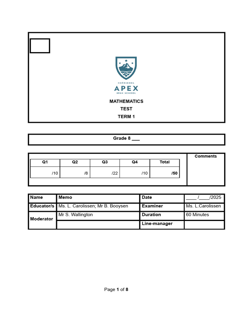 Grade 8 Mathematics Test 2025 | PDF | Arithmetic | Mathematics