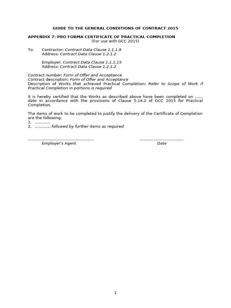 Pro Forma Practical Completion Certificate | PDF