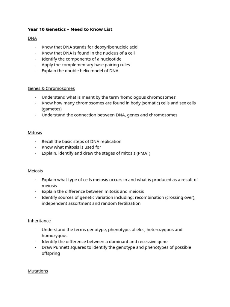 Year 10 Genetics - Need To Know List | PDF