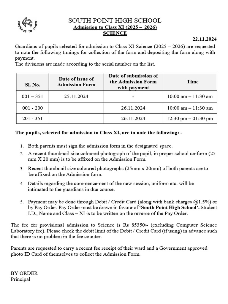 Class XI Science Admission Notice 2025-26 | PDF
