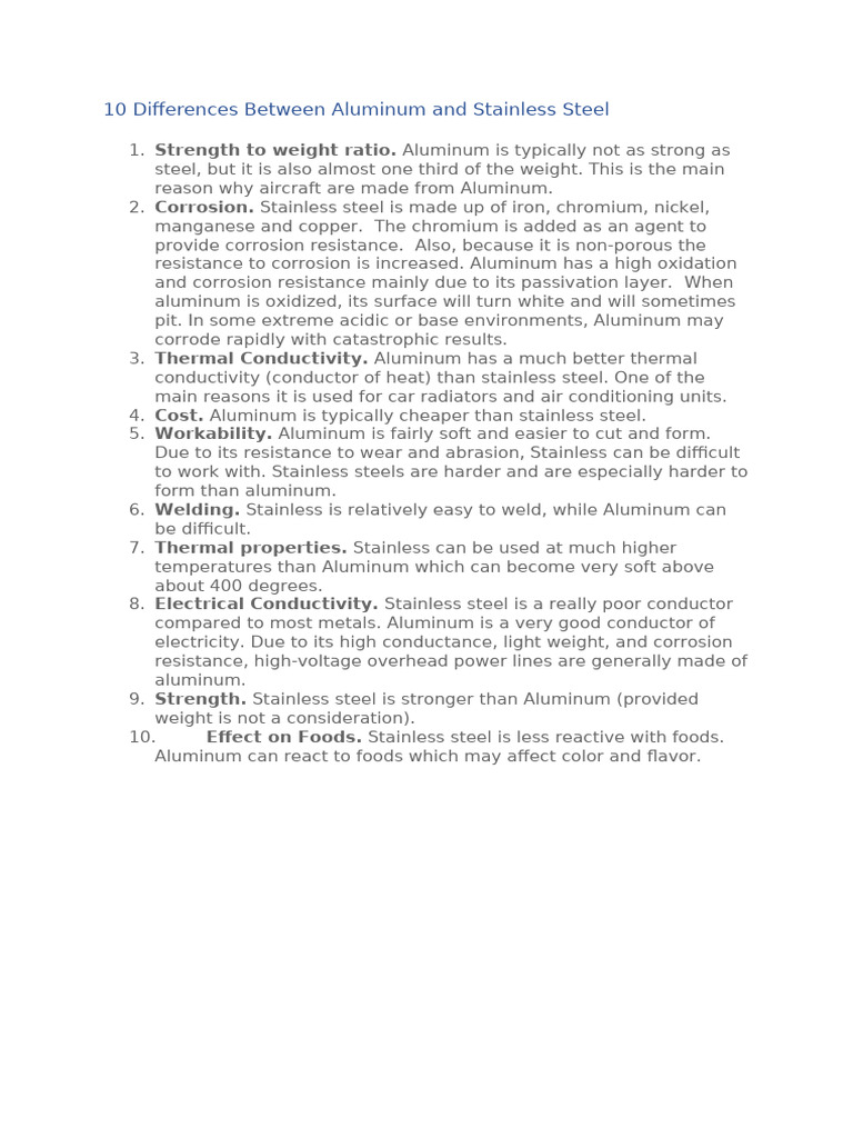 Differences Between Aluminum and Stainless Steel | PDF