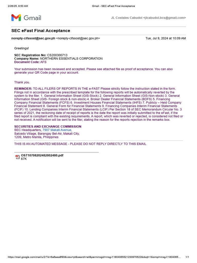 SEC eFast Final Acceptance Notification | PDF