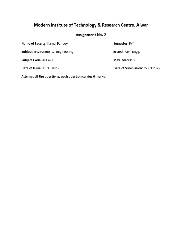 Environmental Engineering Assignment IV | PDF
