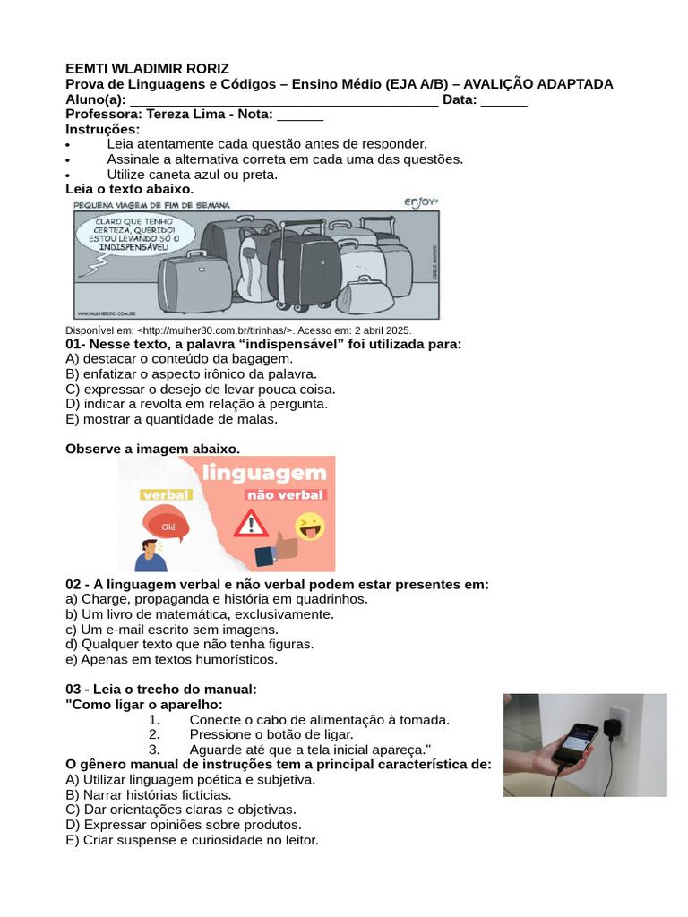 Prova de Linguagens e Códigos EJA | PDF