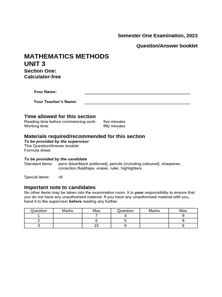 2023 Semester One Maths Methods Exam | PDF | Mathematics | Probability ...