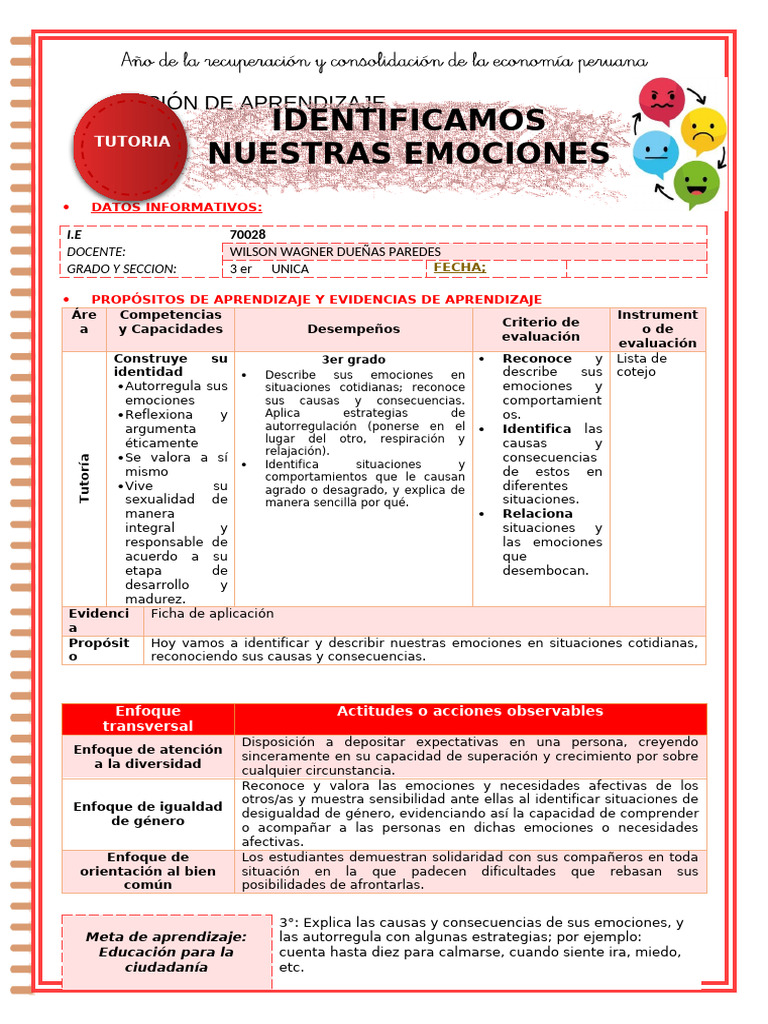 Identificación de Emociones en Aula 3° | PDF | Las emociones | Aprendizaje