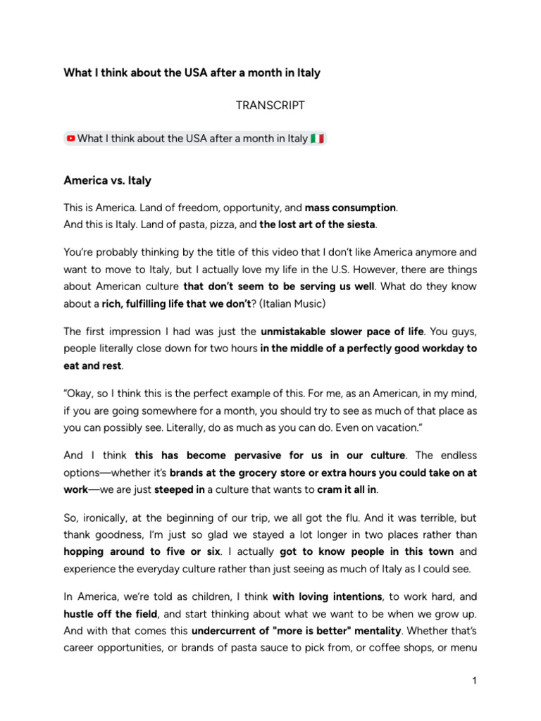 ITALY - What I Think About The USA After A Month in Italy - TRANSCRIPT ...