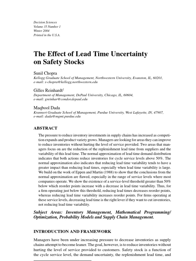 Lead Time Variability and Safety Stocks | PDF | Standard Deviation ...