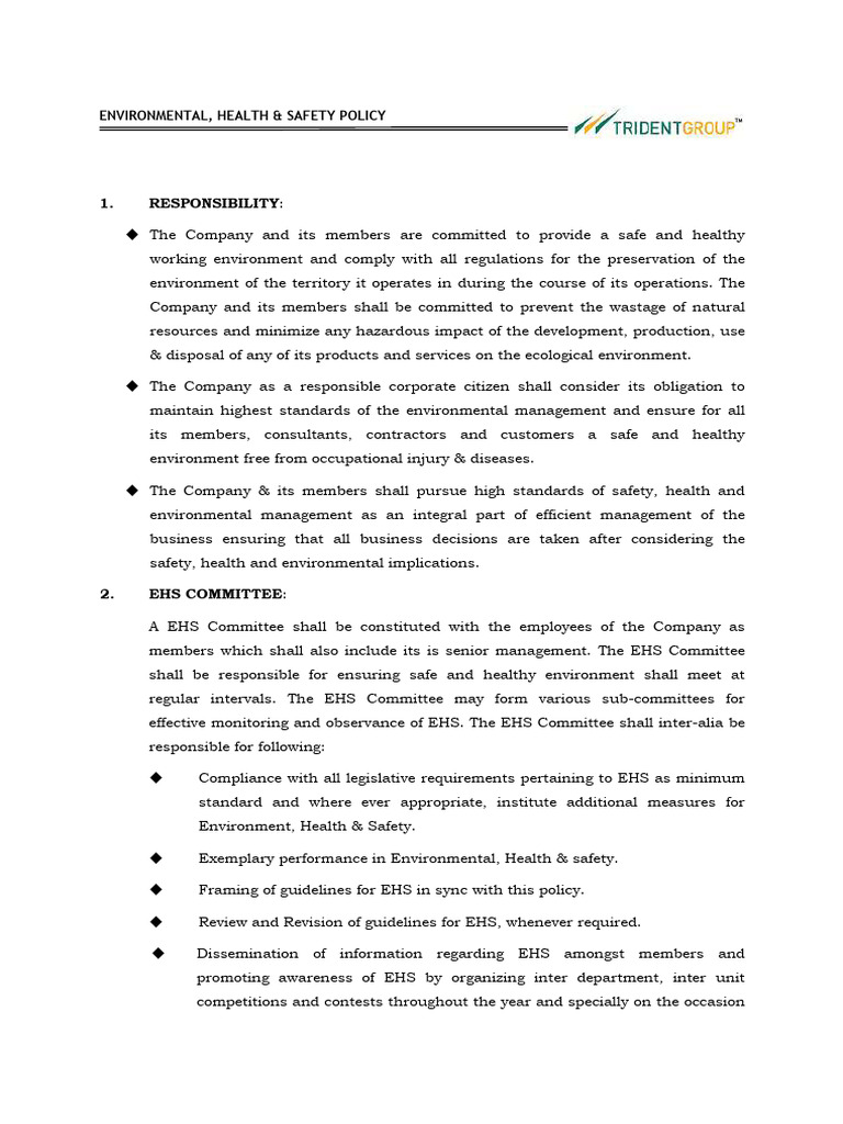 ENVIRONMENTAL HEALTH and SAFETY POLICY Eb75053f4b | PDF | Occupational ...