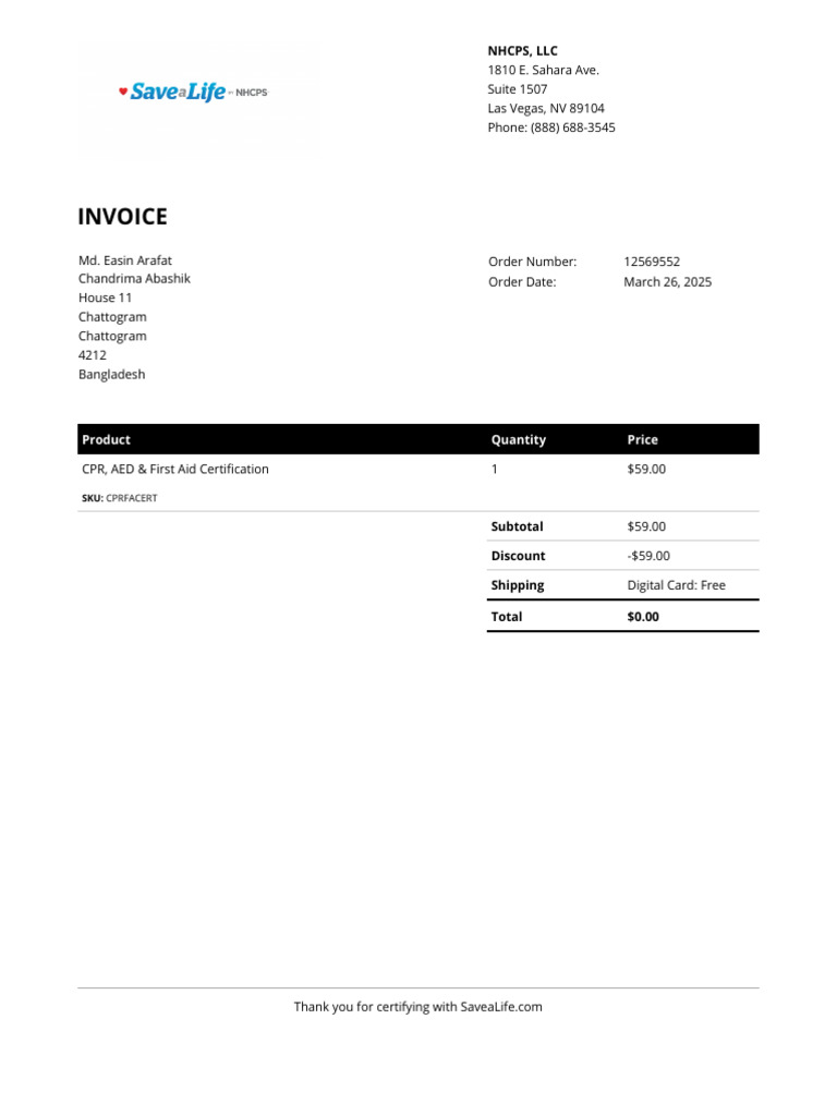 Free CPR & First Aid Certification Invoice | PDF
