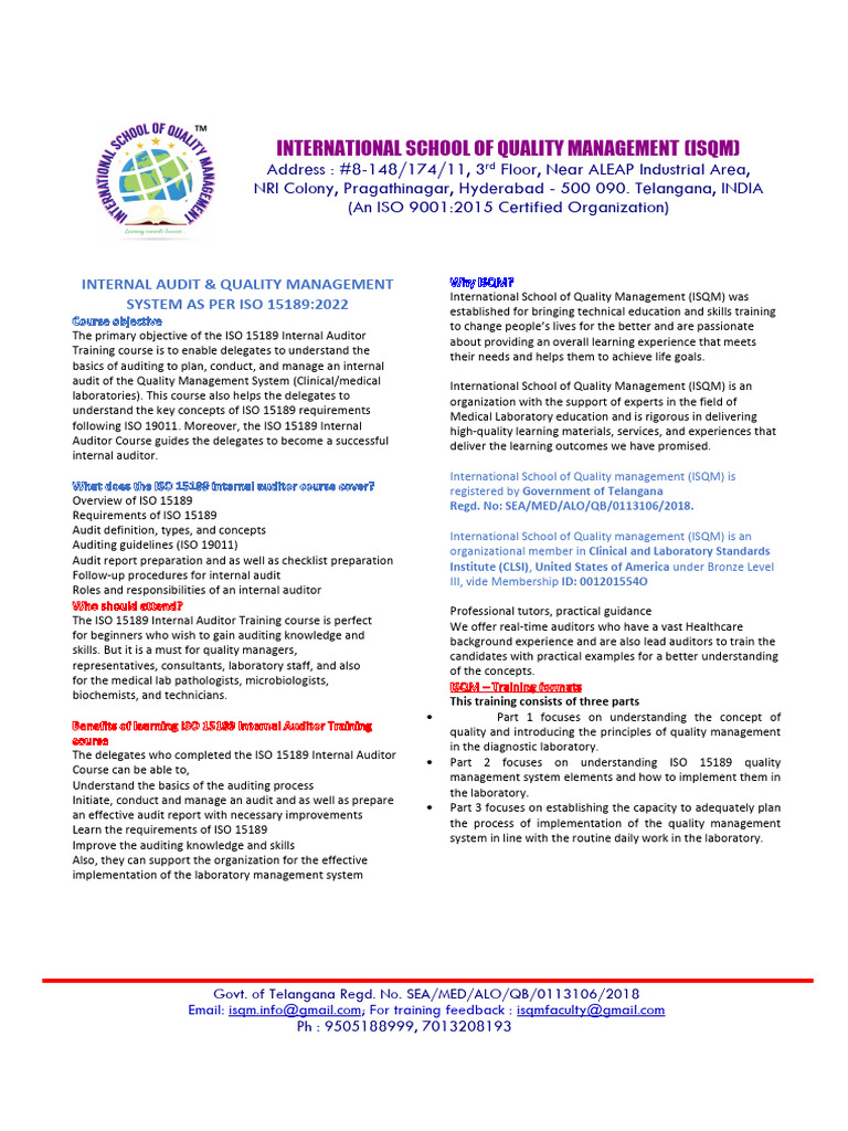 ISO 15189 Internal Auditor Training | PDF | Internal Audit | Quality ...