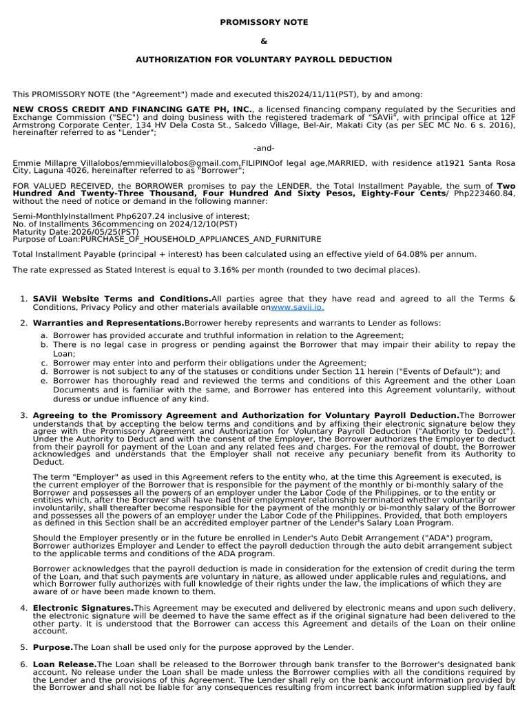 Promissory Note for Payroll Deduction | PDF | Loans | Interest