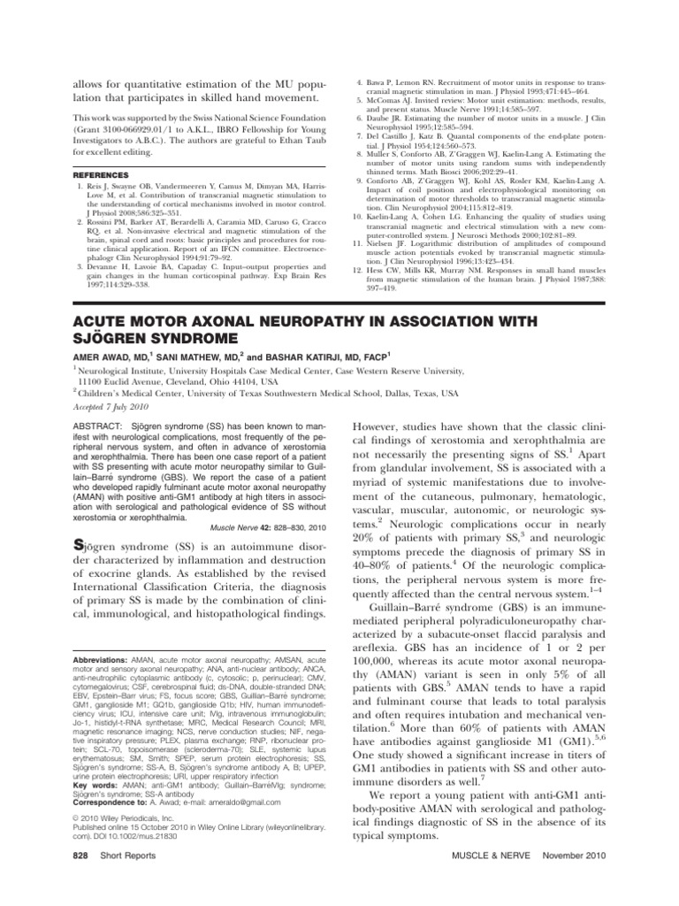 Acute Motor Axonal Neuropathy & Sjögren's | PDF | Electromyography ...