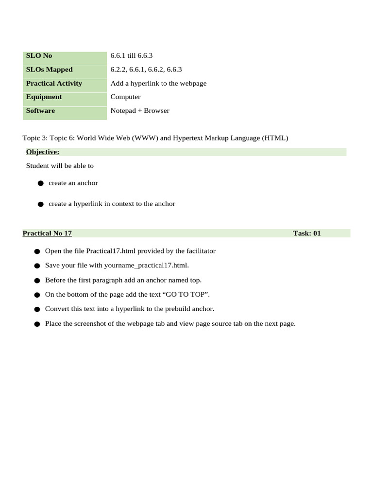 Create Hyperlinks in HTML Practical | PDF