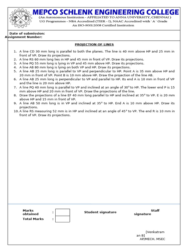 Projections of Lines Assignment | PDF