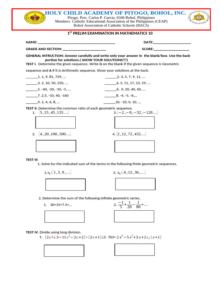 Math 10 Preliminary Exam: Sequences & Series | PDF