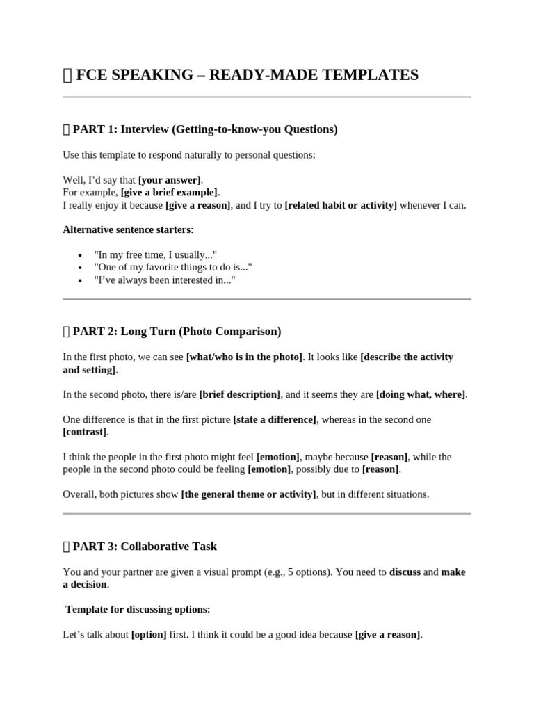 FCE Speaking Templates and Examples | PDF