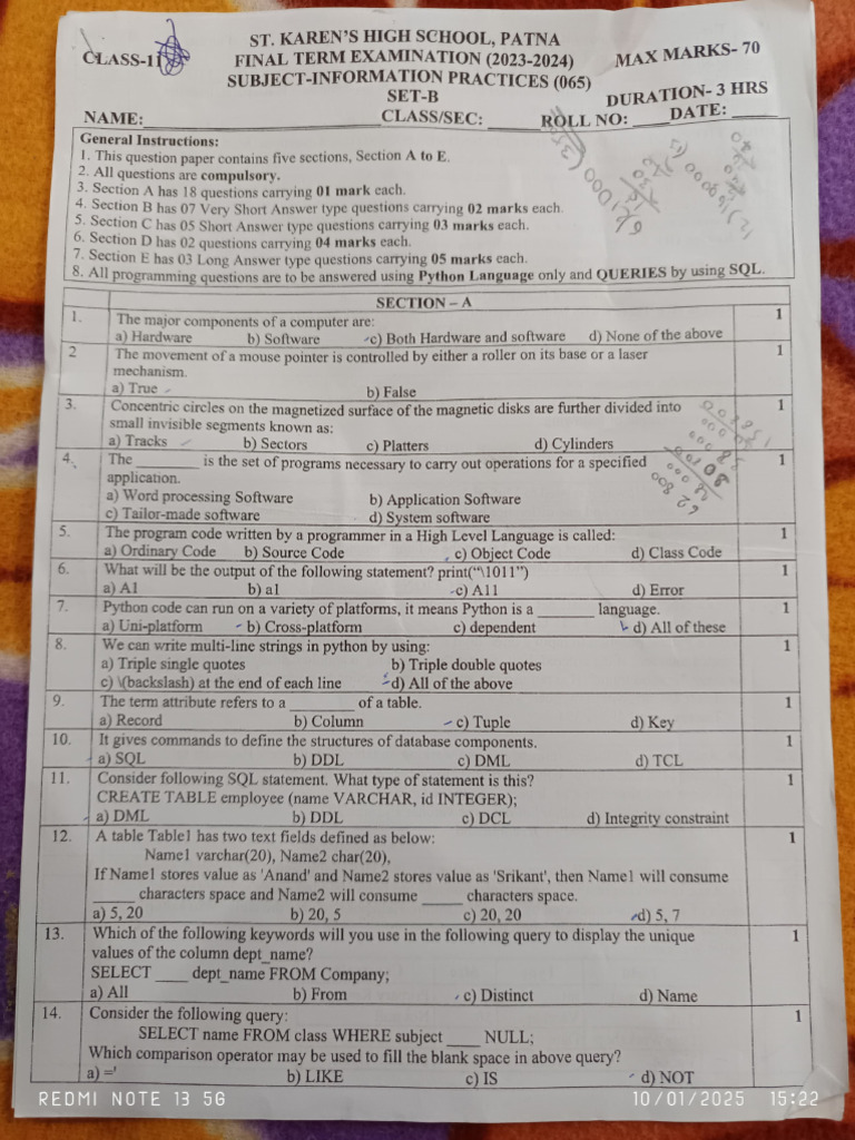 Information Practices Exam Paper 2023-24 | PDF | Computer Programming ...