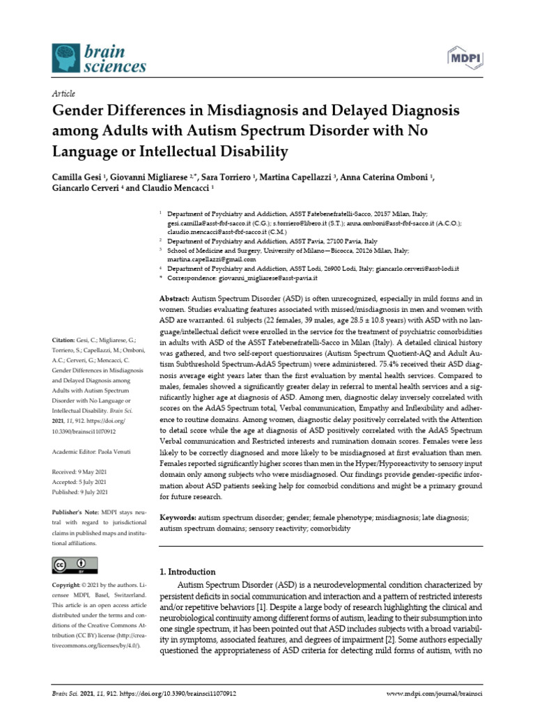 Gender Differences in Misdiagnosis and Delayed Dia | PDF | Autism ...