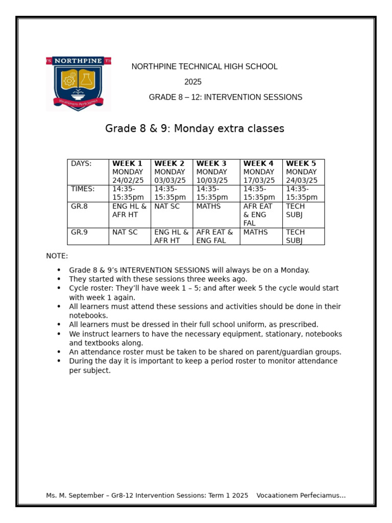 Northpine Tech High School Intervention Schedule | PDF