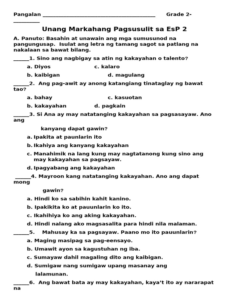 1st Quarterly Test Esp | PDF