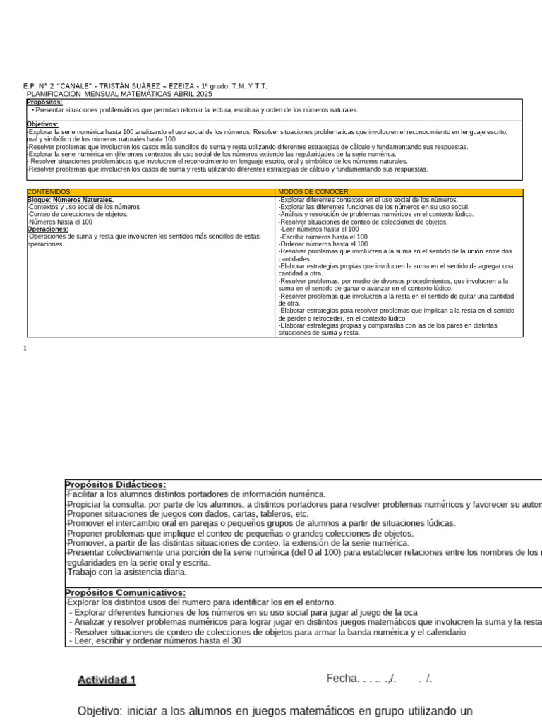 Planificación Matemáticas 1° Grado Abril 2025 | PDF | Sustracción
