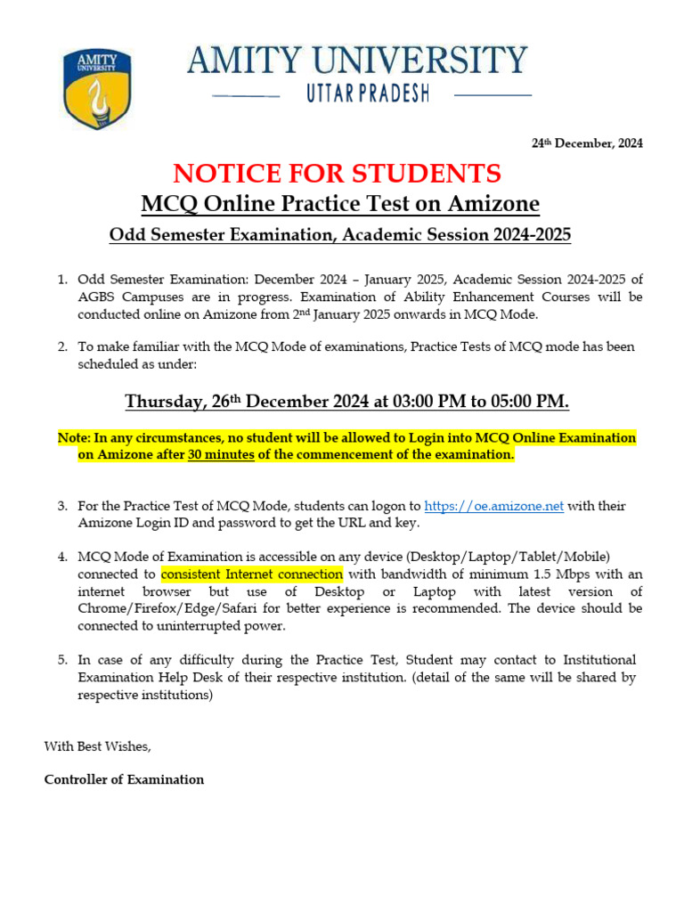 MCQ Practice Test Notice for Students | PDF