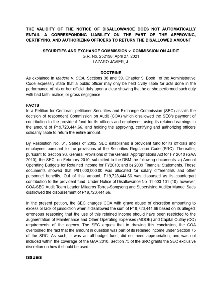 SEC Officers Not Liable for Disallowance | PDF | Negligence | Justice