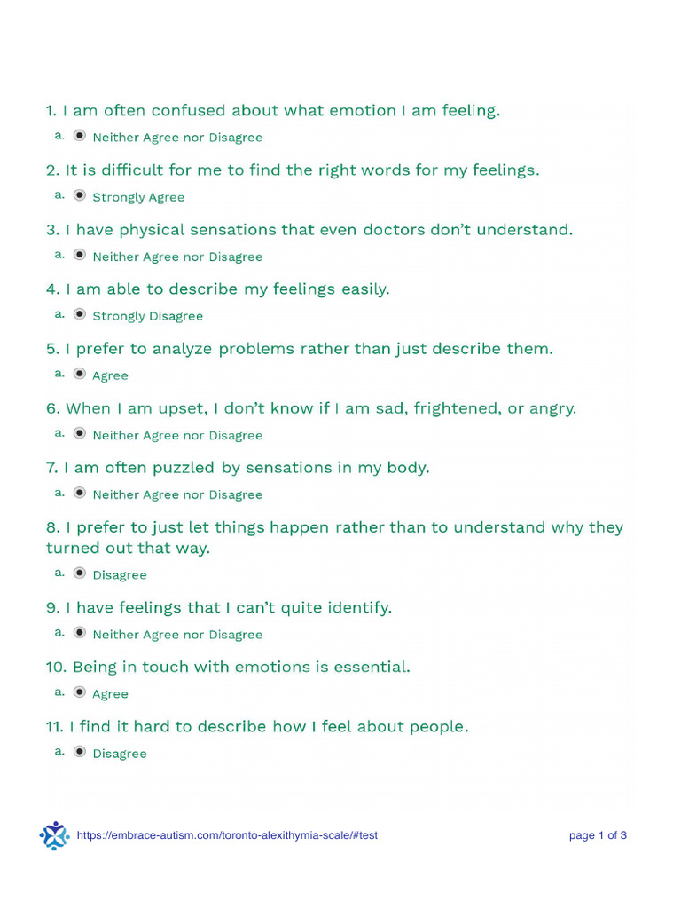 Toronto Alexithymia Scale Test | PDF