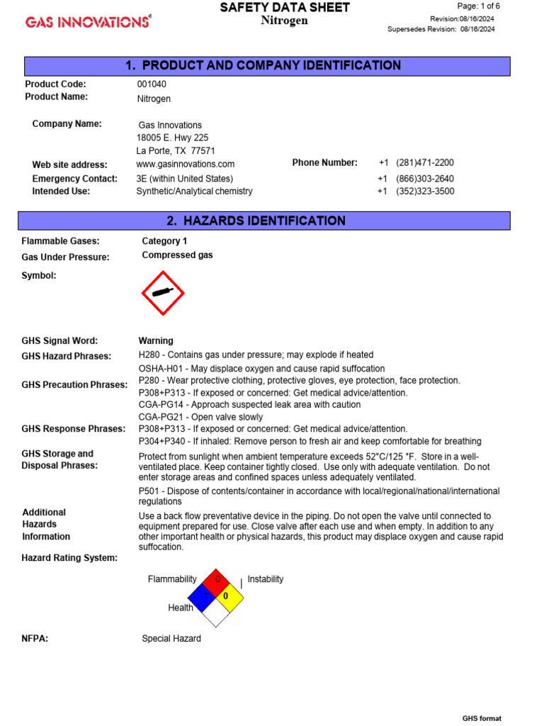 Gas - Nitrogen - SDS Revision 08 16 2024 | PDF | Breathing | First Aid