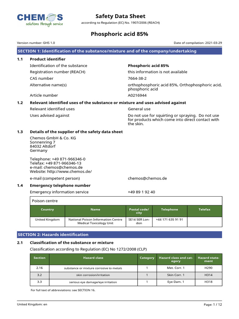 Phosphoric Acid 85% Safety Data Sheet | PDF | Dangerous Goods | Toxicity