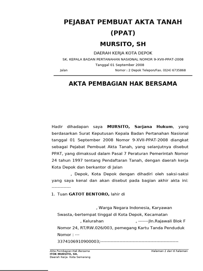 Contoh Akta Pembagian Hak Bersama | PDF