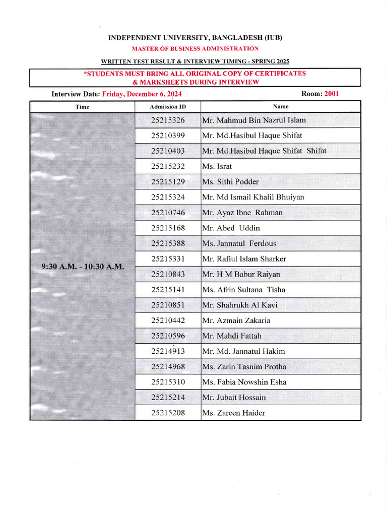 IUB MBA Admission Interview Schedule 2025 | PDF | Bangladesh