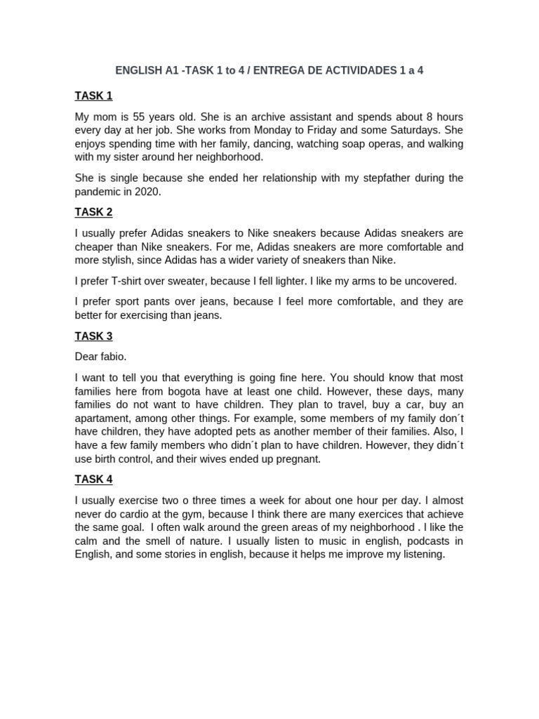 English A1 (Task 1-4) | PDF