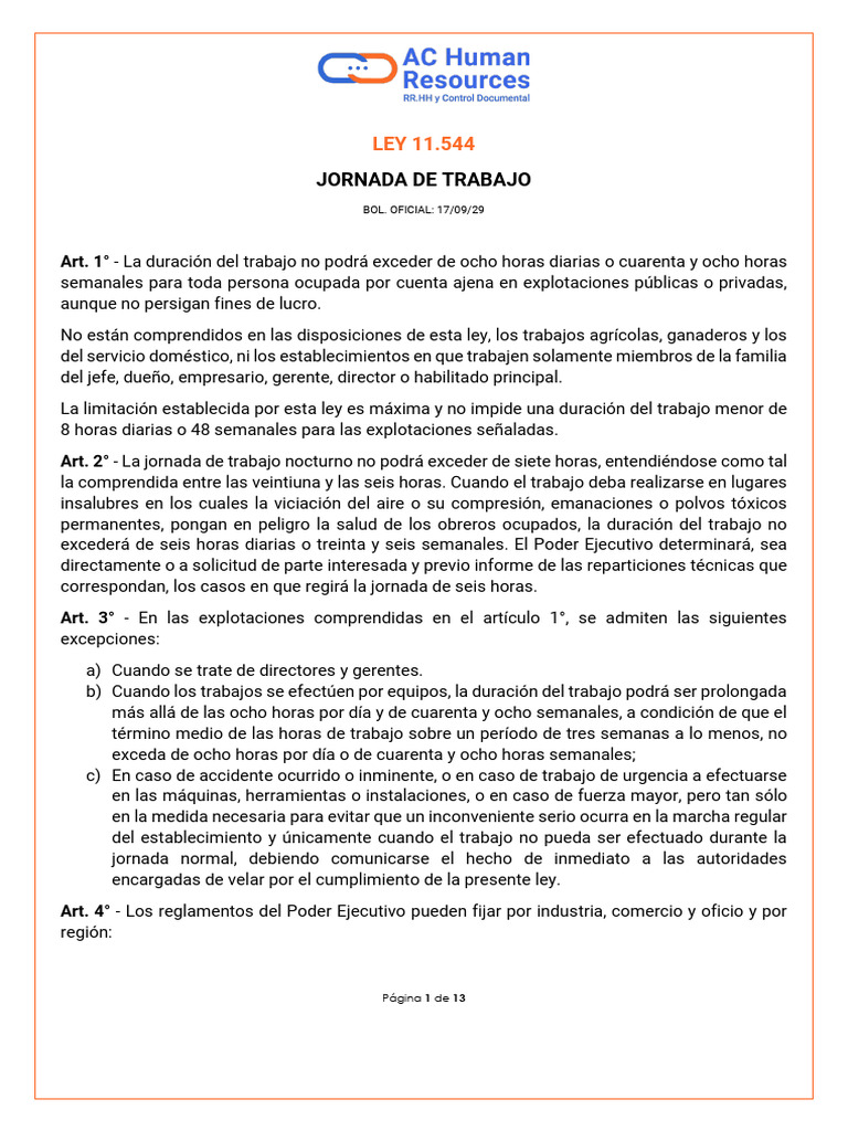 Ley de Jornada de Trabajo 11.544 | PDF | Tiempo de trabajo | Salario