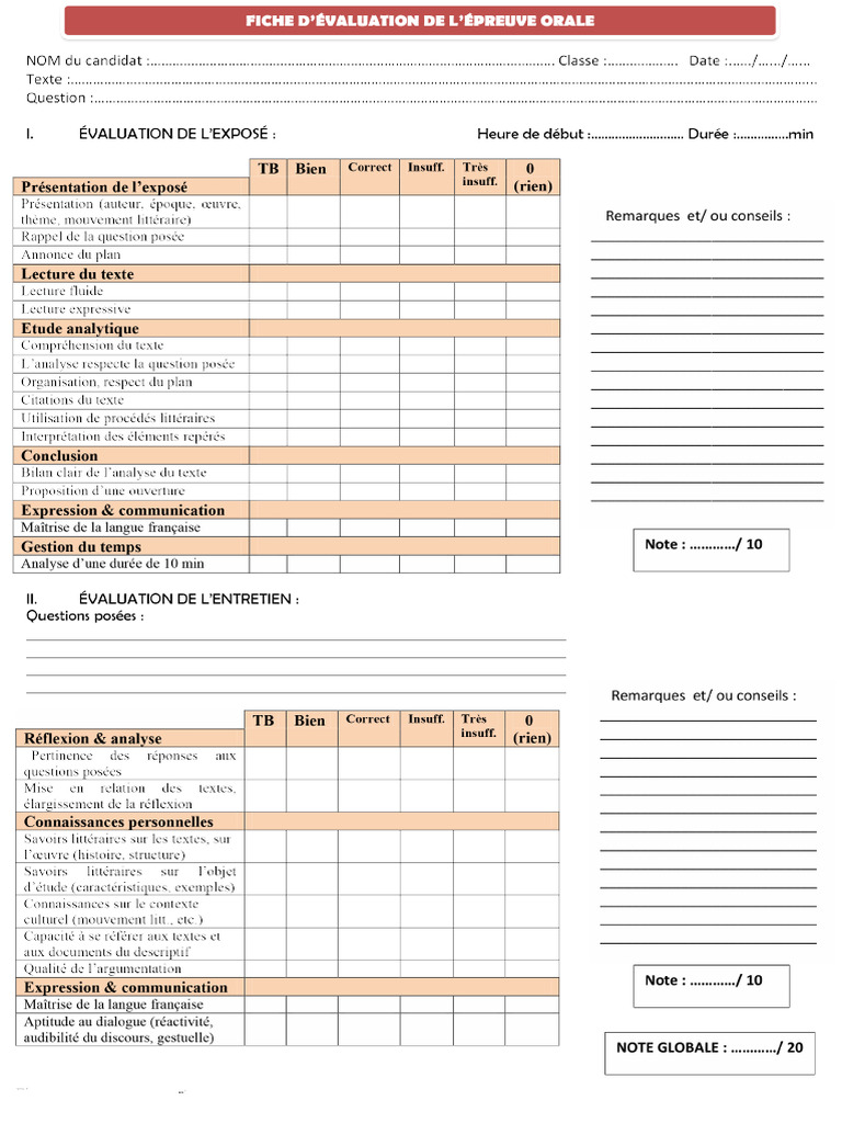 Fiche Évaluation Oral Du Bac | PDF
