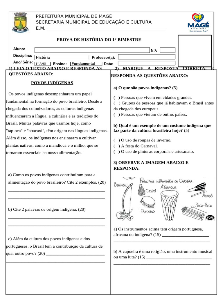 3 Ano - Prova de História Revisada 1° Bimestre | PDF | Povos indígenas ...