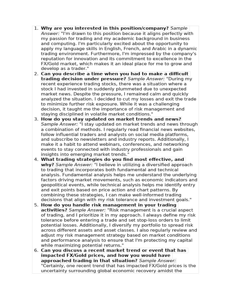 Trading Interview Questions & Answers Guide | PDF | Risk | Risk Management