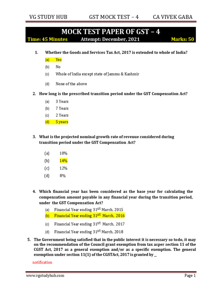 GST Mock Test Paper - December 2021 | PDF | Value Added Tax | Taxes