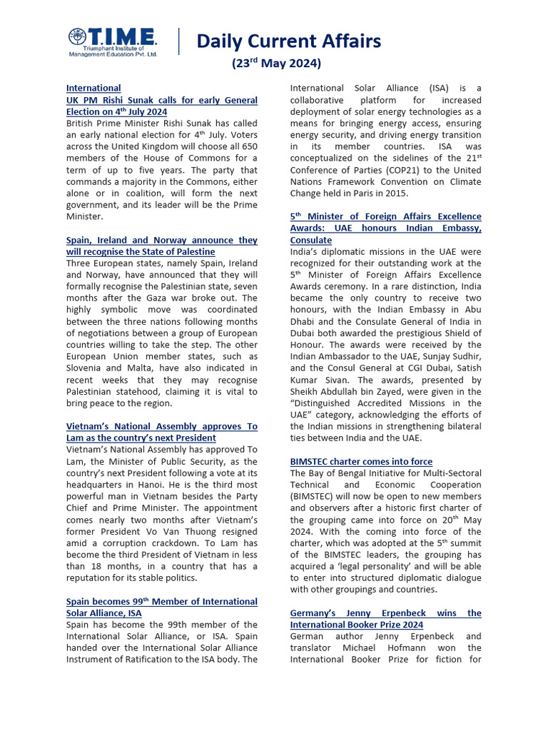 Daily Current Affairs 23rd May 2024 | PDF