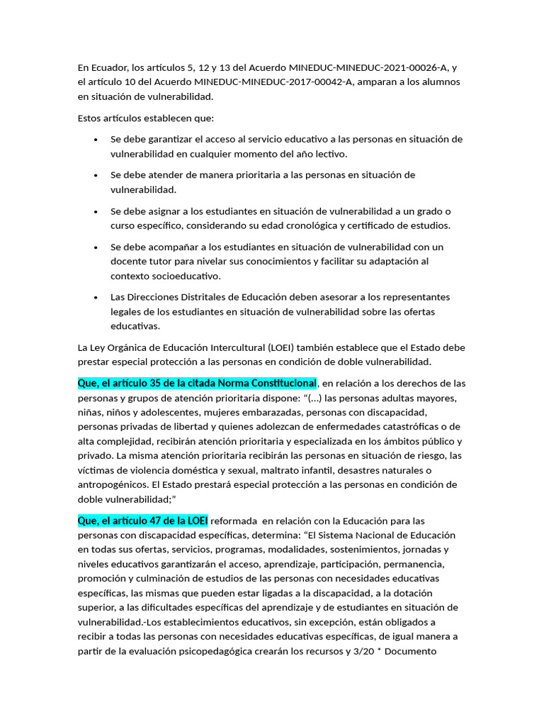Articulos Ley Organica de Educacion Ecuador | PDF | Invalidez | Aprendizaje
