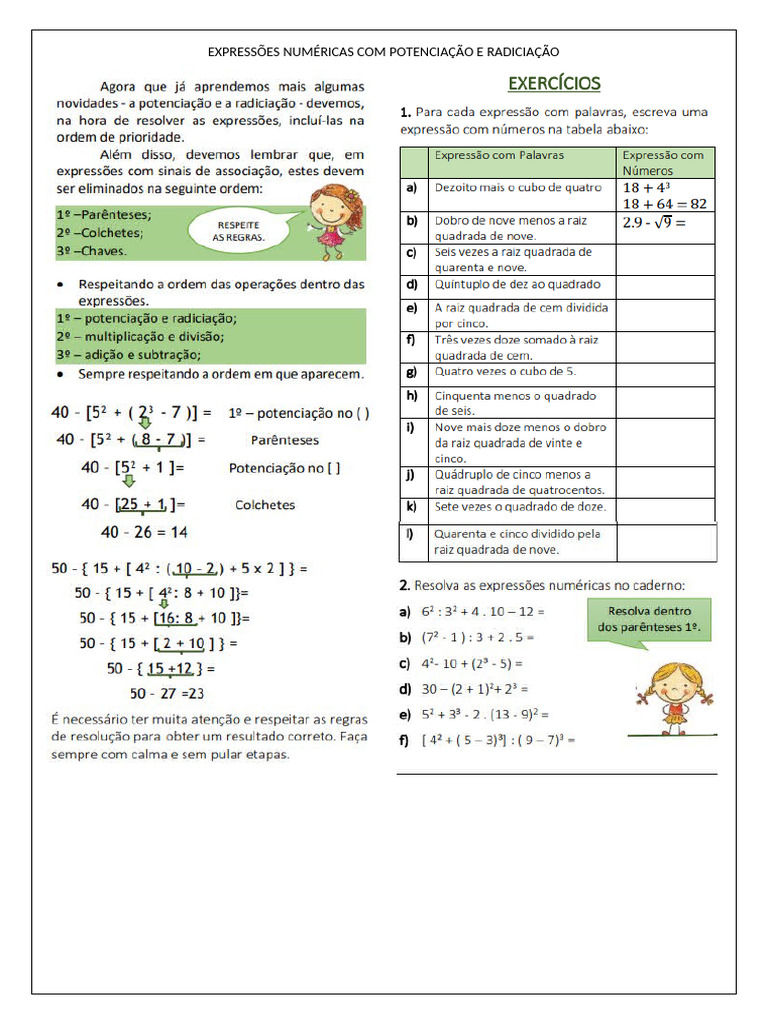 Expressões Numéricas: Potenciação e Radiciação | PDF