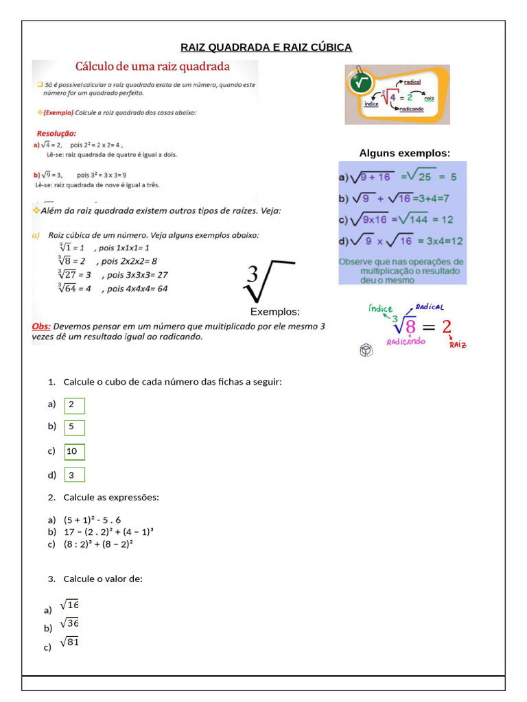 Exercícios de Raiz Quadrada e Cúbica | PDF